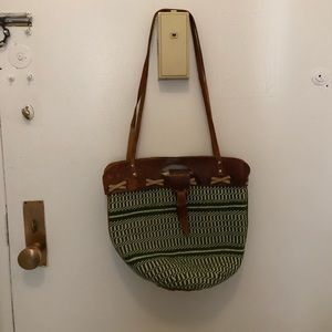 Vintage green and white hand woven shoulder bag